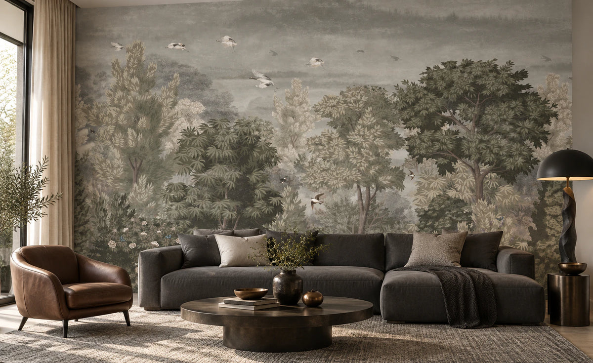 Papier peint panoramique sur mesure foret et vol de grues - Salon, Cuisine