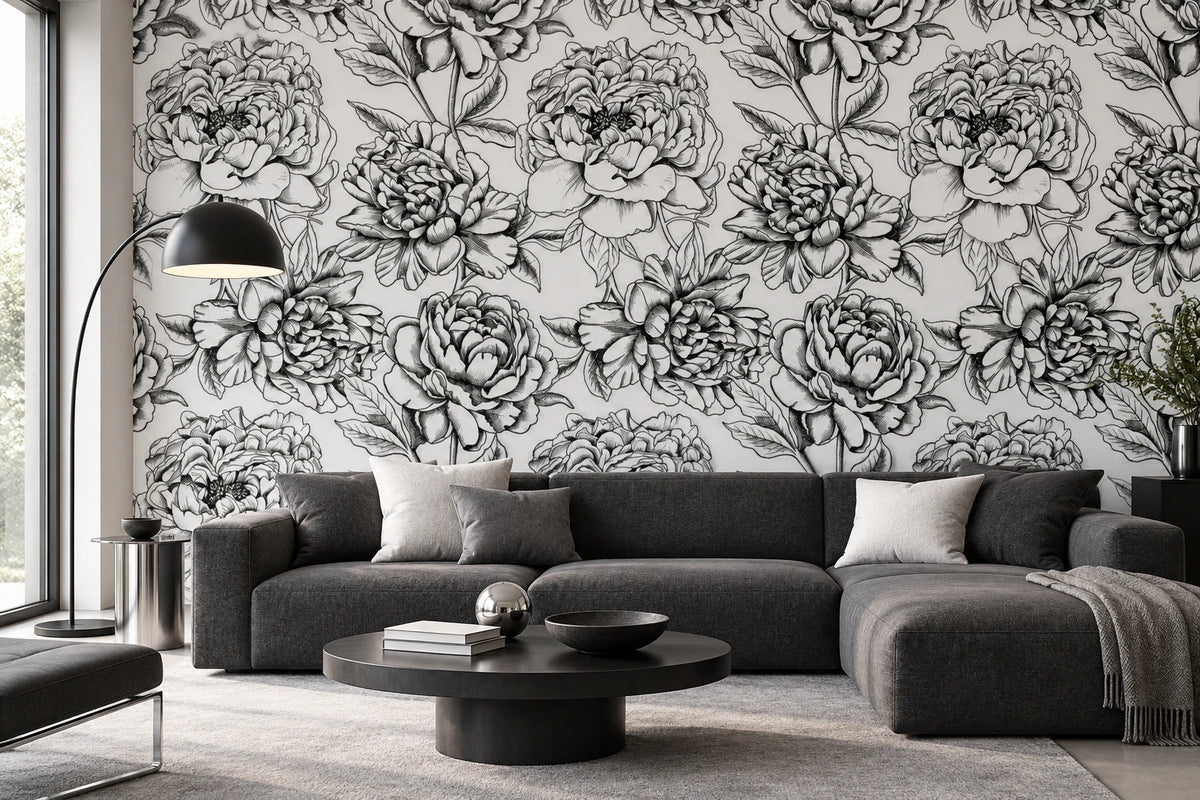 Papier peint panoramique illustration floral noir et blanc - Salon, Cuisine