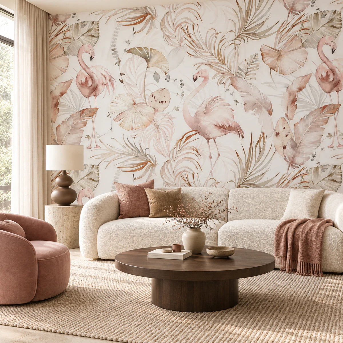 Papier peint sur mesure flamant rose et végétation - Salon, Cuisine