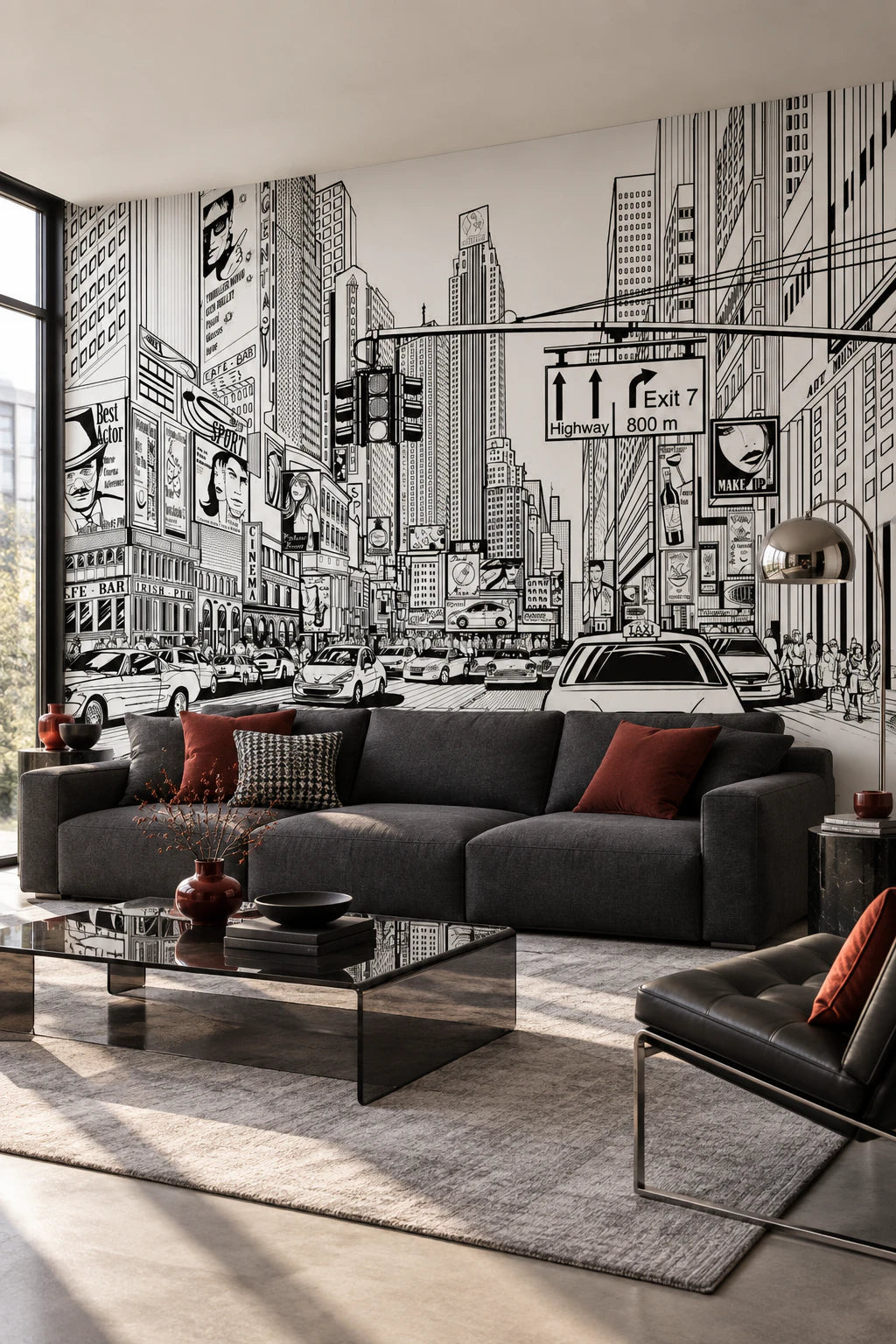 Papier peint panoramique illustration times square en noir et blanc - Salon, Cuisine