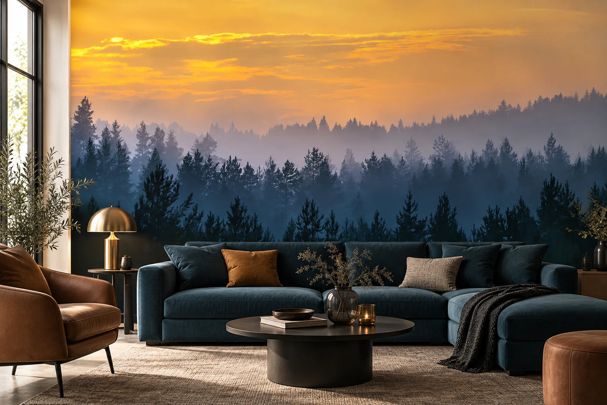 Papier peint panoramique forêt de sapin au coucher de soleil - Salon, Cuisine
