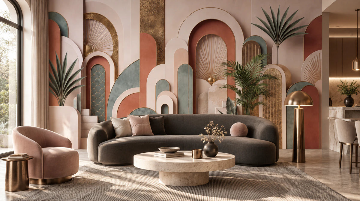 Papier peint panoramique Arches Dorées – Art déco terracotta - Salon, Cuisine