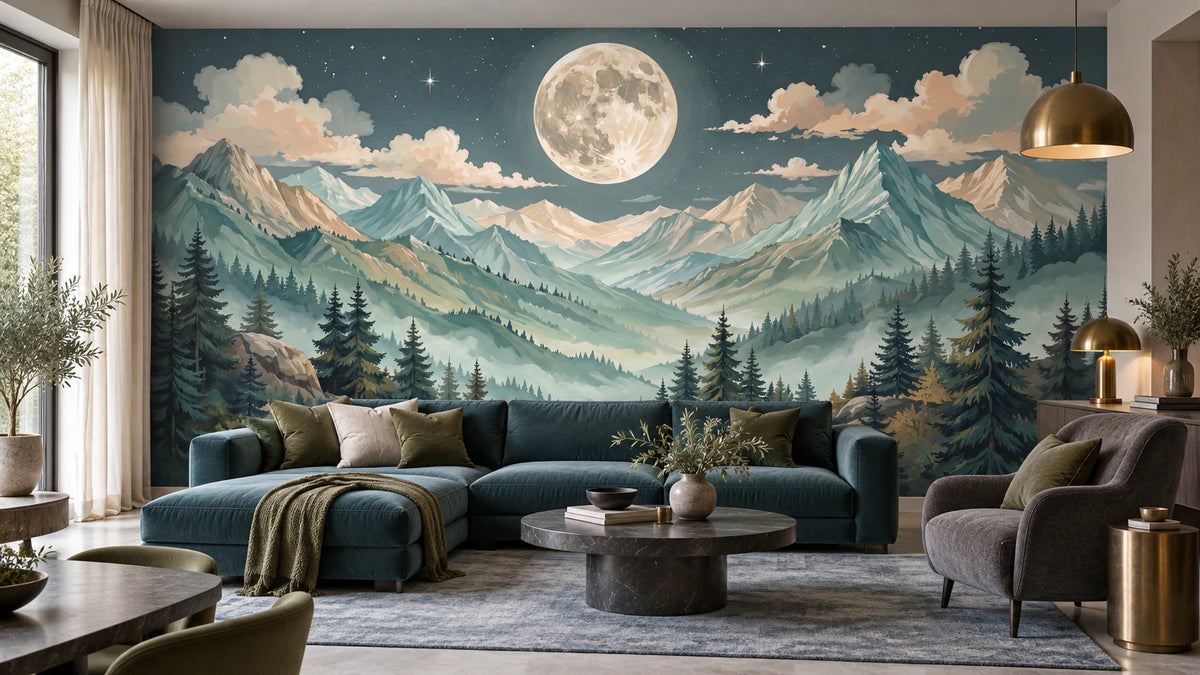 Lune des Sommets - Papier peint panoramique montagne - Salon, Cuisine