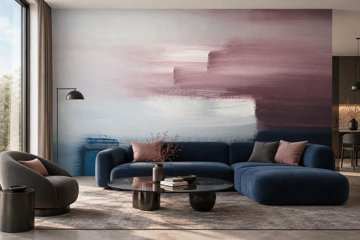 Papier peint panoramique peinture abstraite rose et blanc - Salon, Cuisine