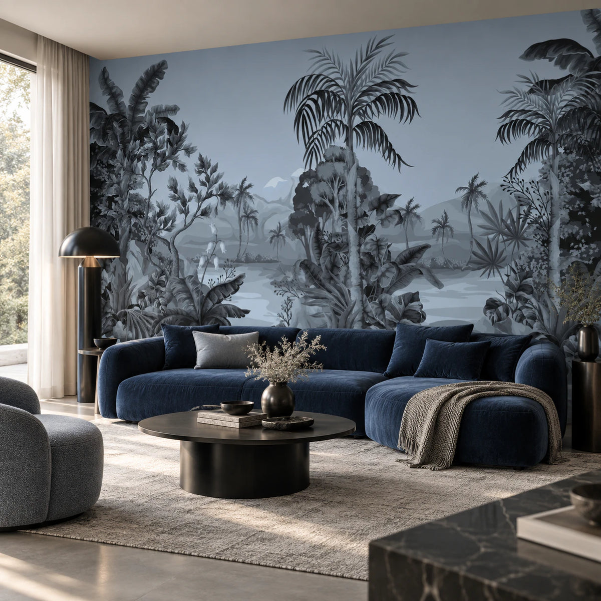 Papier peint panoramique forêt tropicale bleue - Salon, Cuisine