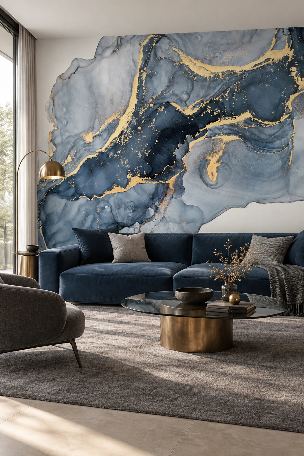 Papier peint panoramique marbre bleu et doré - Salon, Cuisine