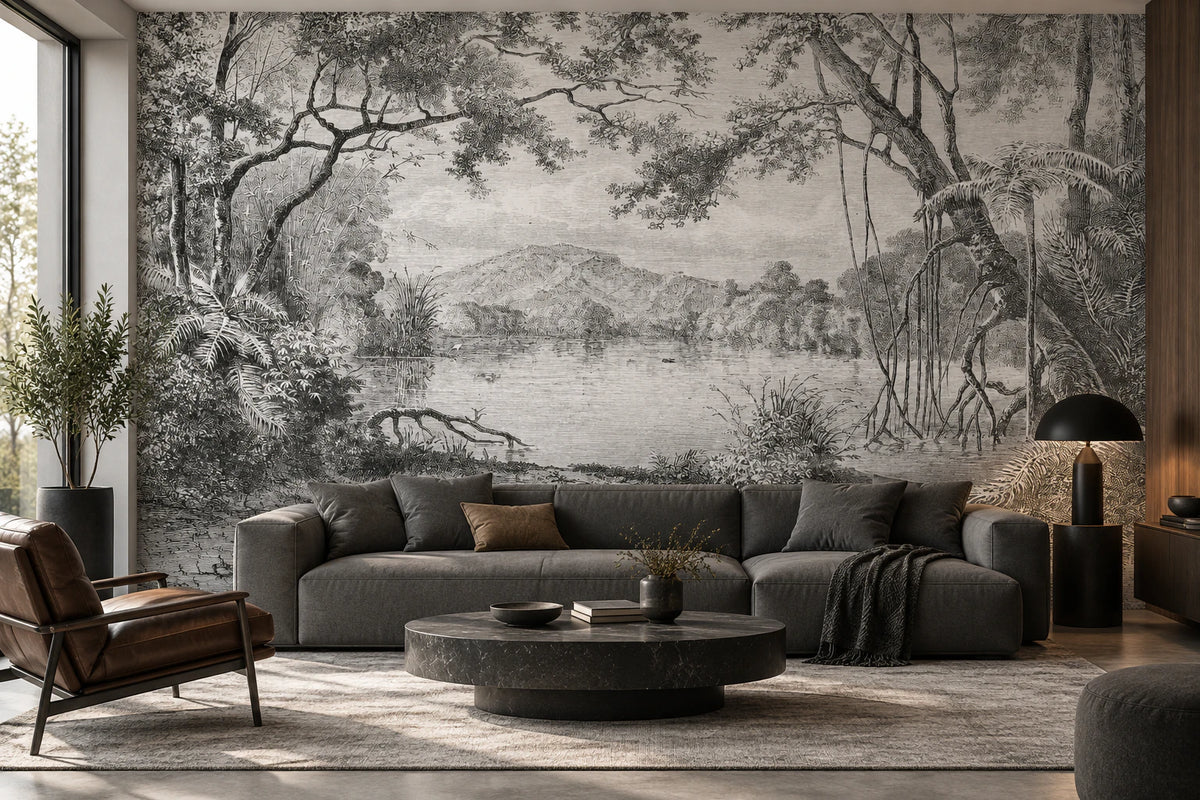 Papier peint forêt noir et blanc - Salon, Cuisine