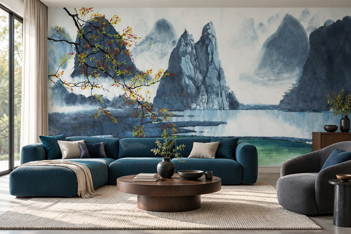 Papier peint panoramique illustration lac et montagne chinoise - Salon, Cuisine