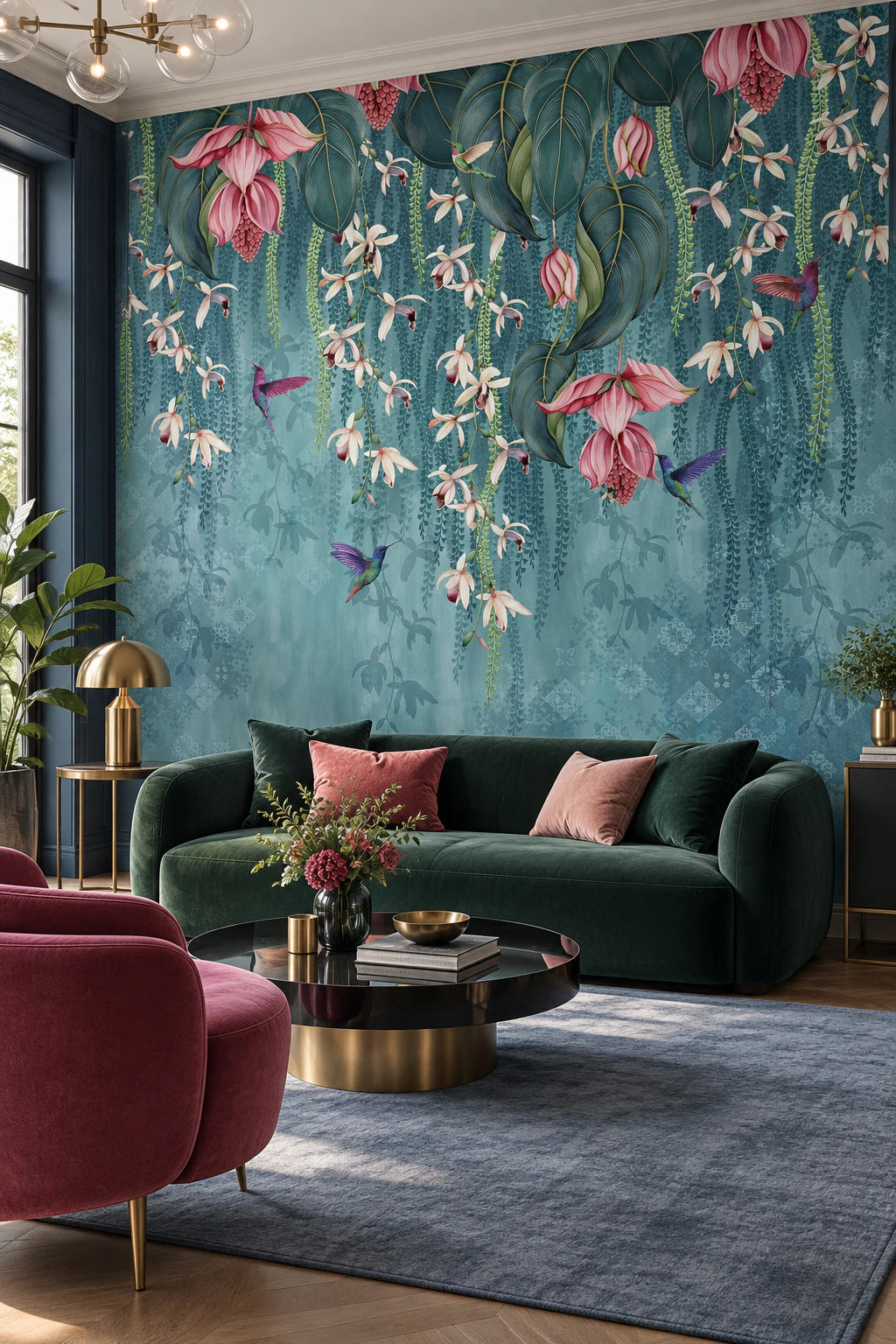 Papier peint panoramique fleurs tombantes - Salon, Cuisine