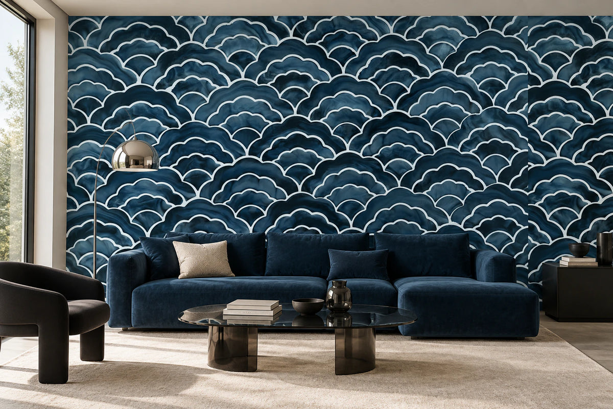 Papier peint effet carrelage vagues bleues - Salon, Cuisine