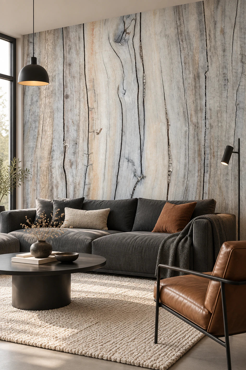 Papier peint panoramique trompe l’œil mur de bois flotté - Salon, Cuisine