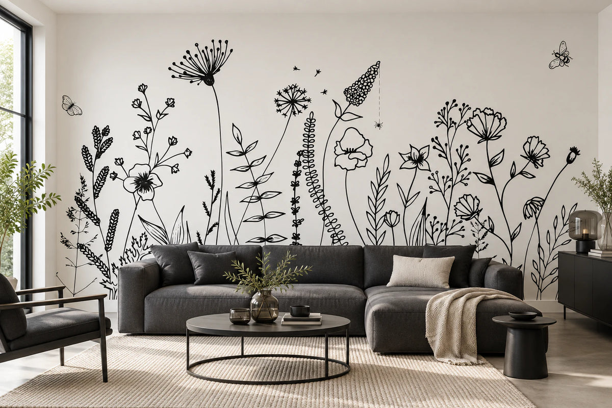 Papier peint XXL fleurs des champs noir et blanc - Salon, Cuisine
