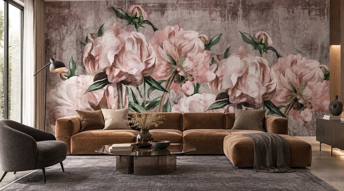 Papier Peint Panoramique Fleurs de Pivoine - Salon, Cuisine