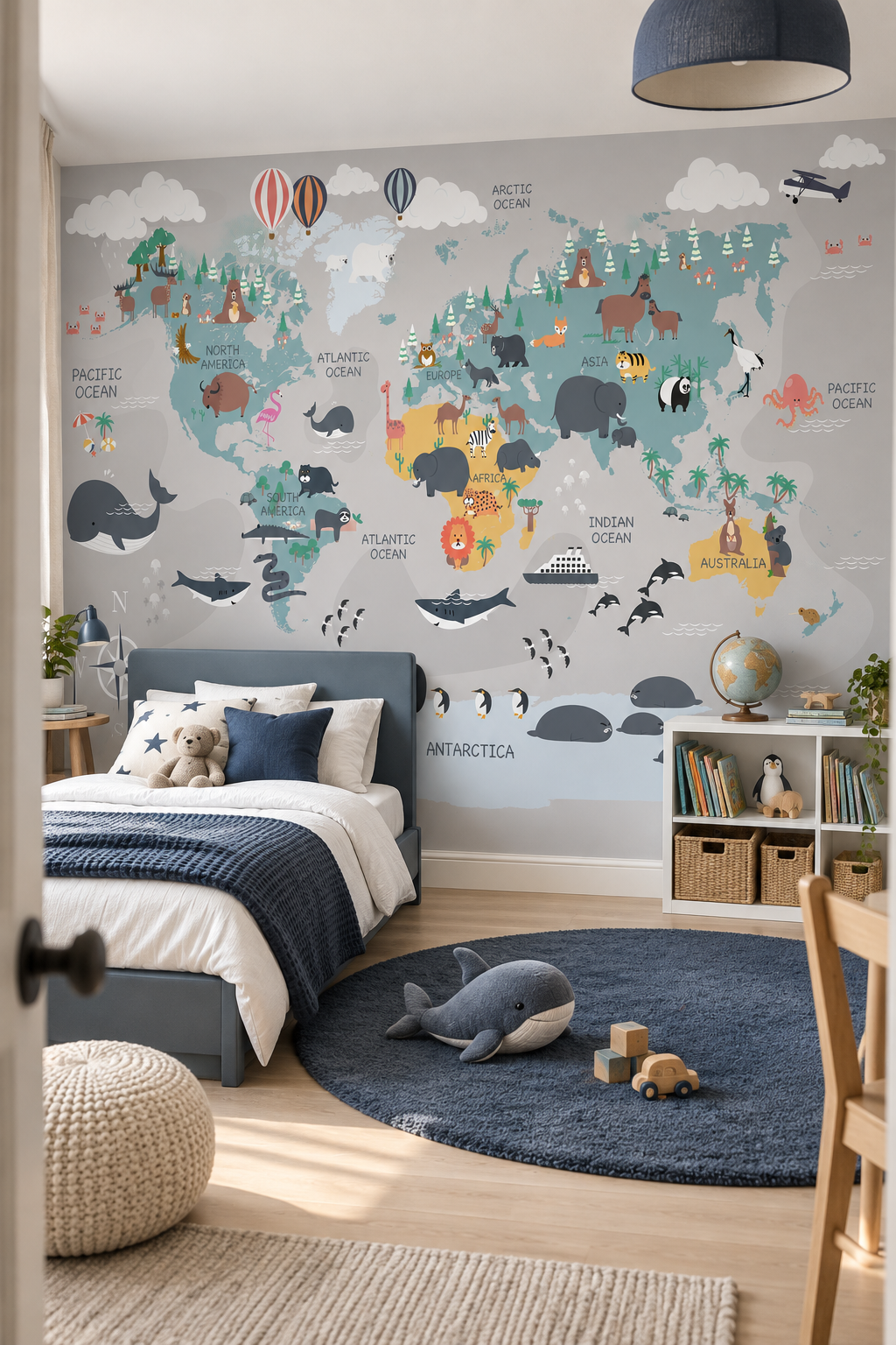 Papier peint panoramique Atlas Vagabond dans une chambre d’enfant avec carte du monde et animaux illustrés