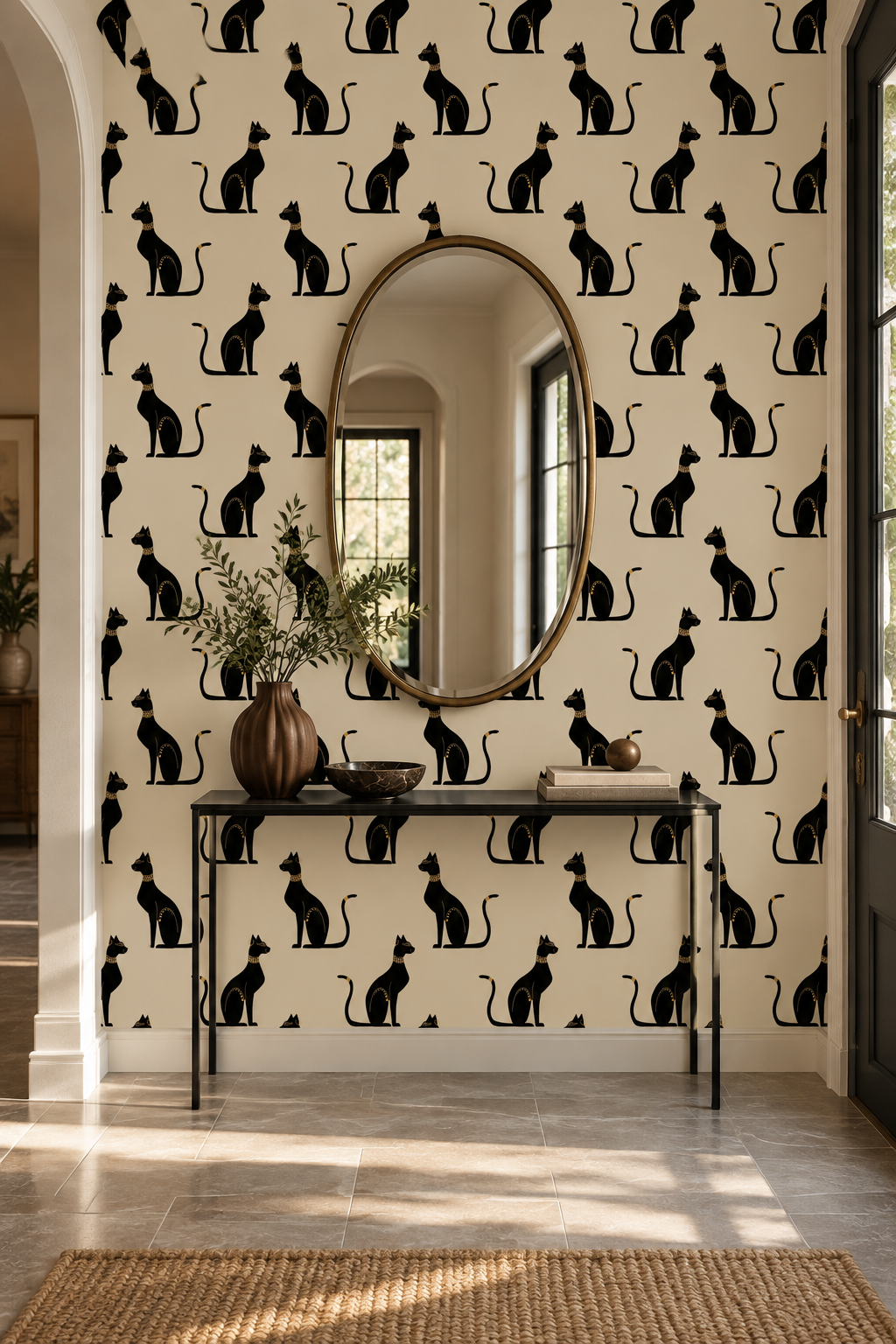 Papier peint à motif Bastets d’Obsidienne dans une entrée graphique avec console noire
