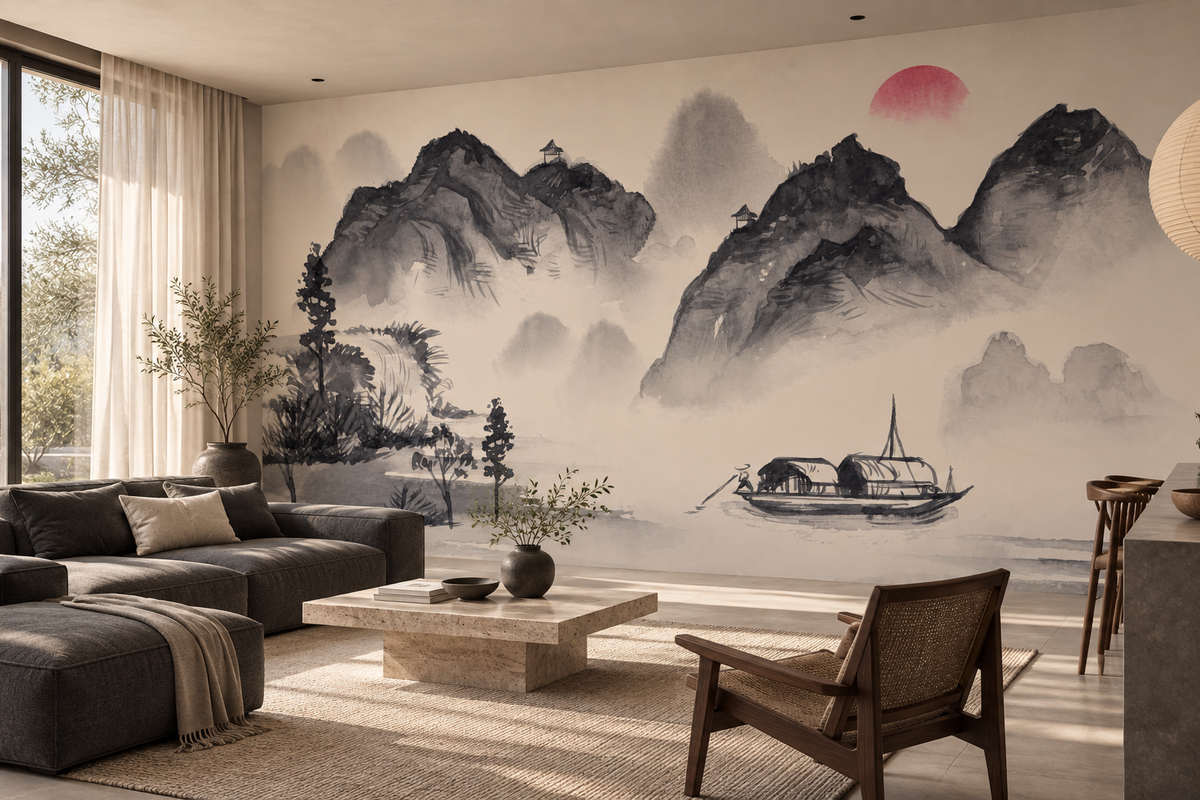 Fresque panoramique Brume des Cimes sur le mur principal d’un salon contemporain