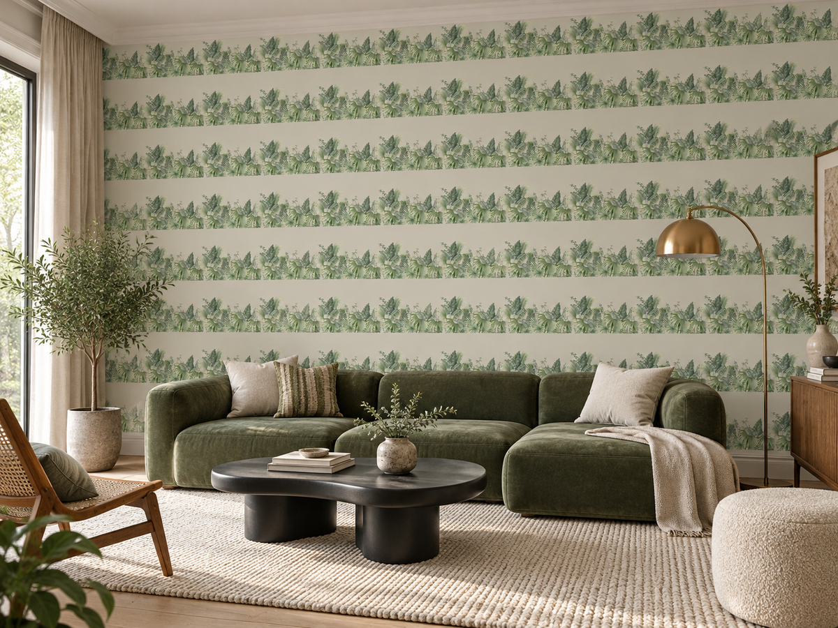 Papier peint à motif Canopée Sereine dans un salon contemporain aux accents verts