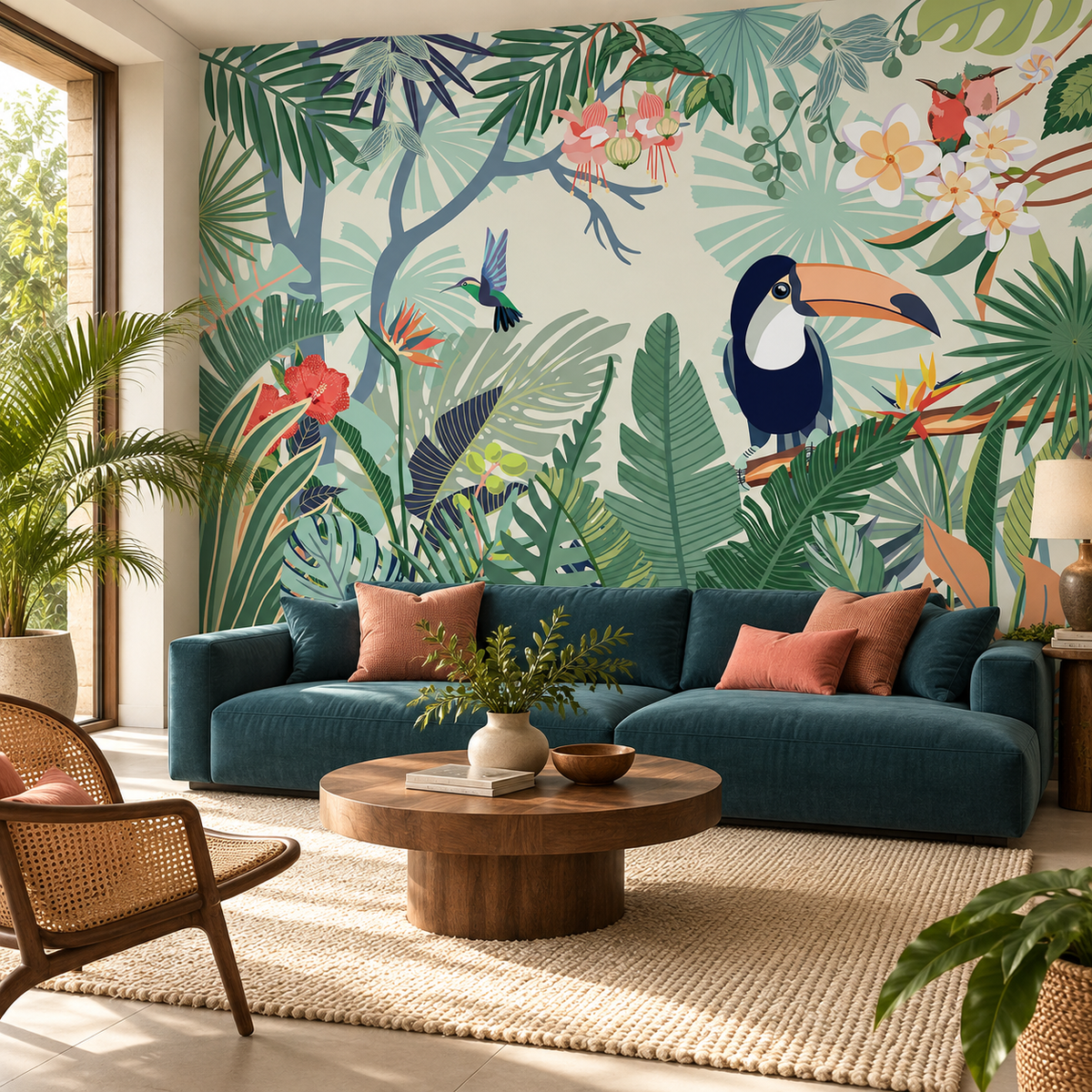 Papier peint panoramique Canopée Toucan dans un salon contemporain aux accents bleu nuit