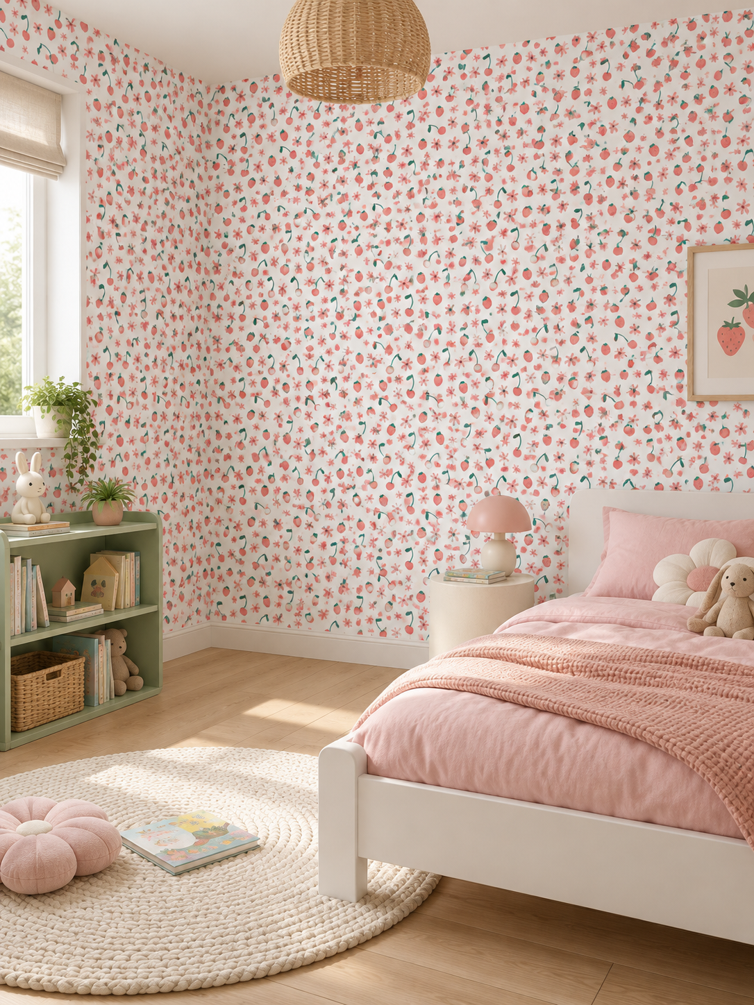 Papier peint à motif Cerise des Prés dans une chambre enfant lumineuse aux accents roses et verts