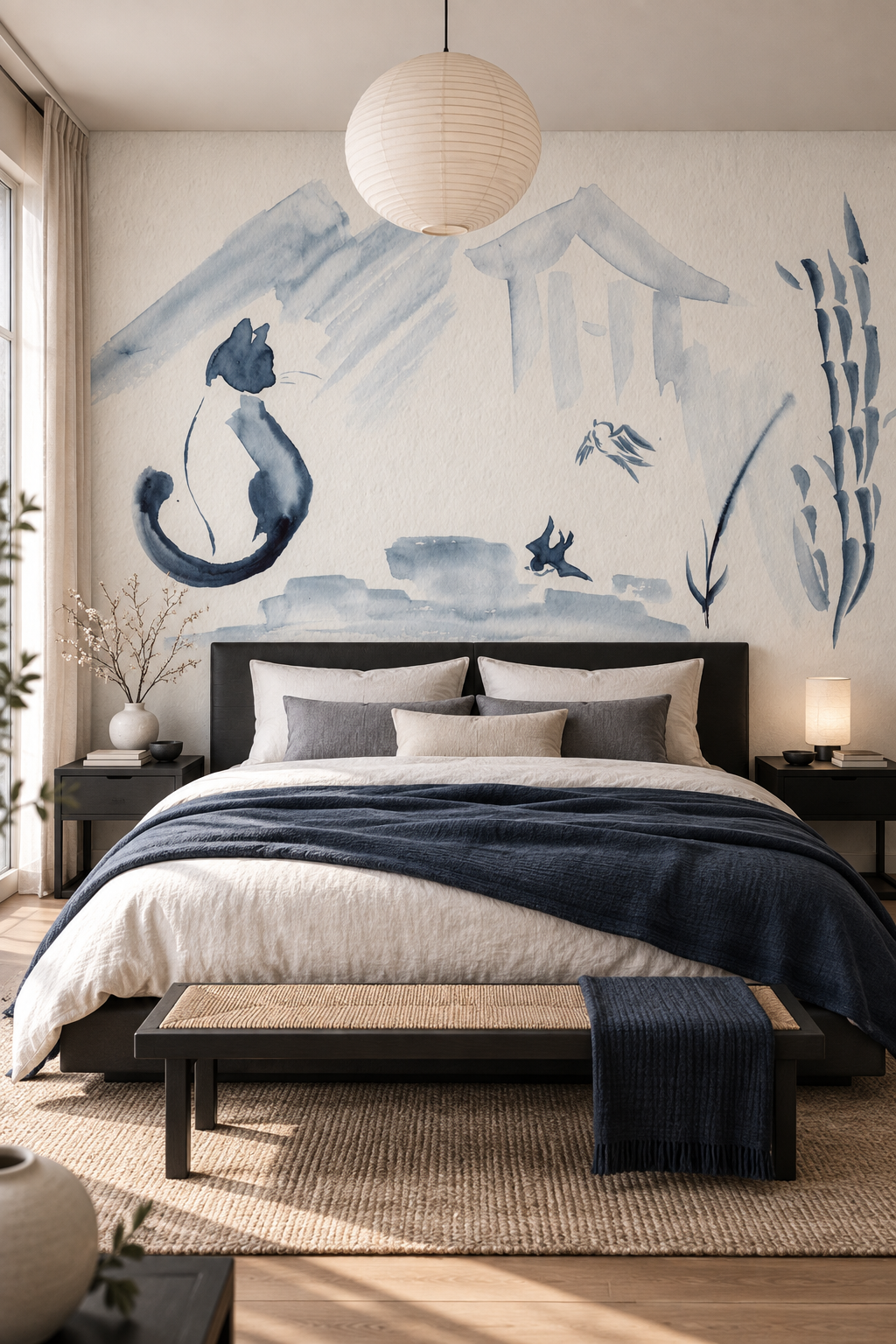 Papier peint panoramique Chats d’Encre dans une chambre parentale aux accents bleu nuit