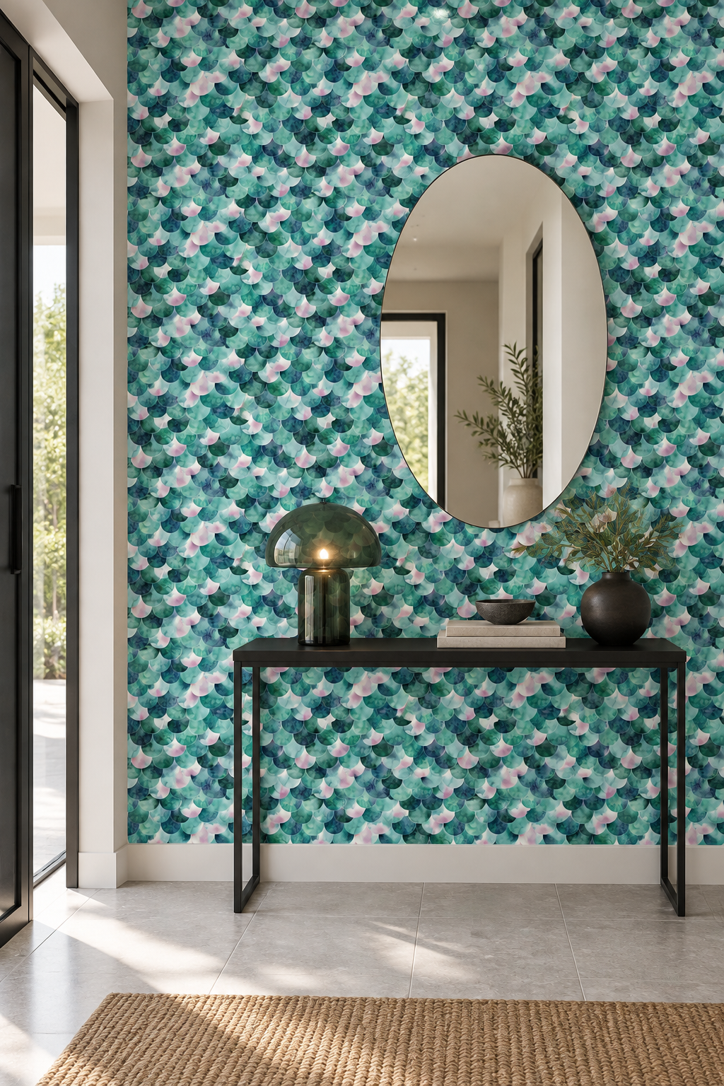 Papier peint à motif Écailles Opaline dans une entrée contemporaine bleu pétrole