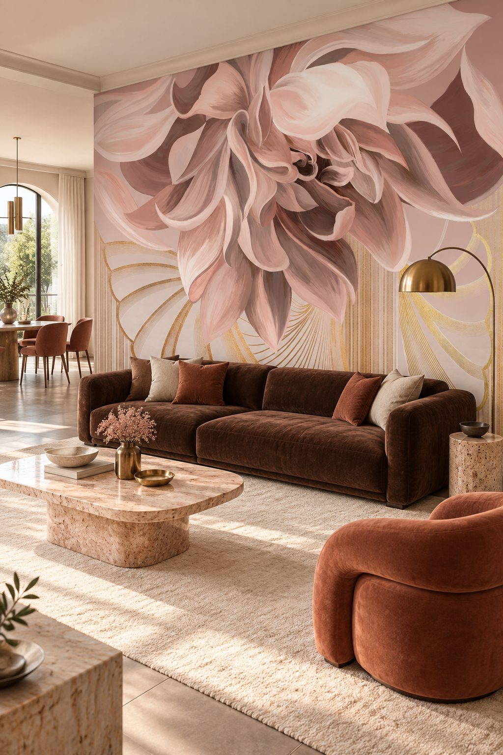 Papier peint panoramique Éclat Sépia dans un salon contemporain aux accents terracotta
