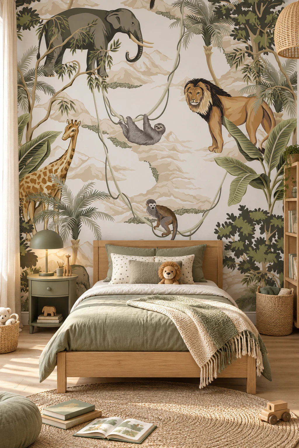 Papier peint panoramique Lion girafe et éléphant - Chambre Enfant