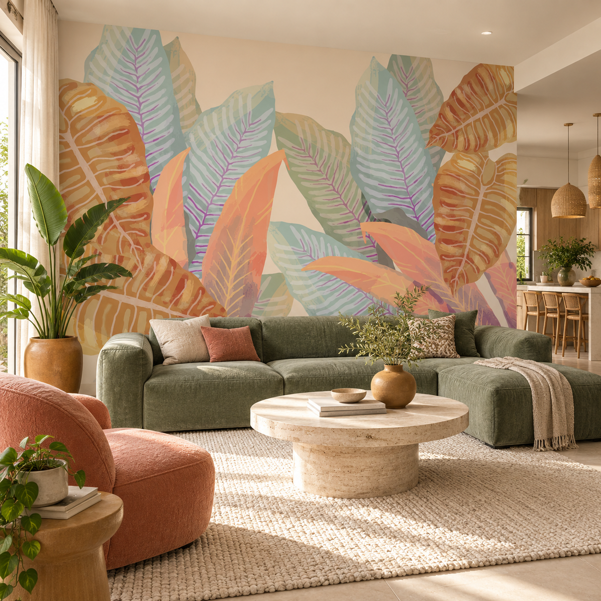 Papier peint panoramique Feuilles Sorbet dans un salon contemporain aux accents corail