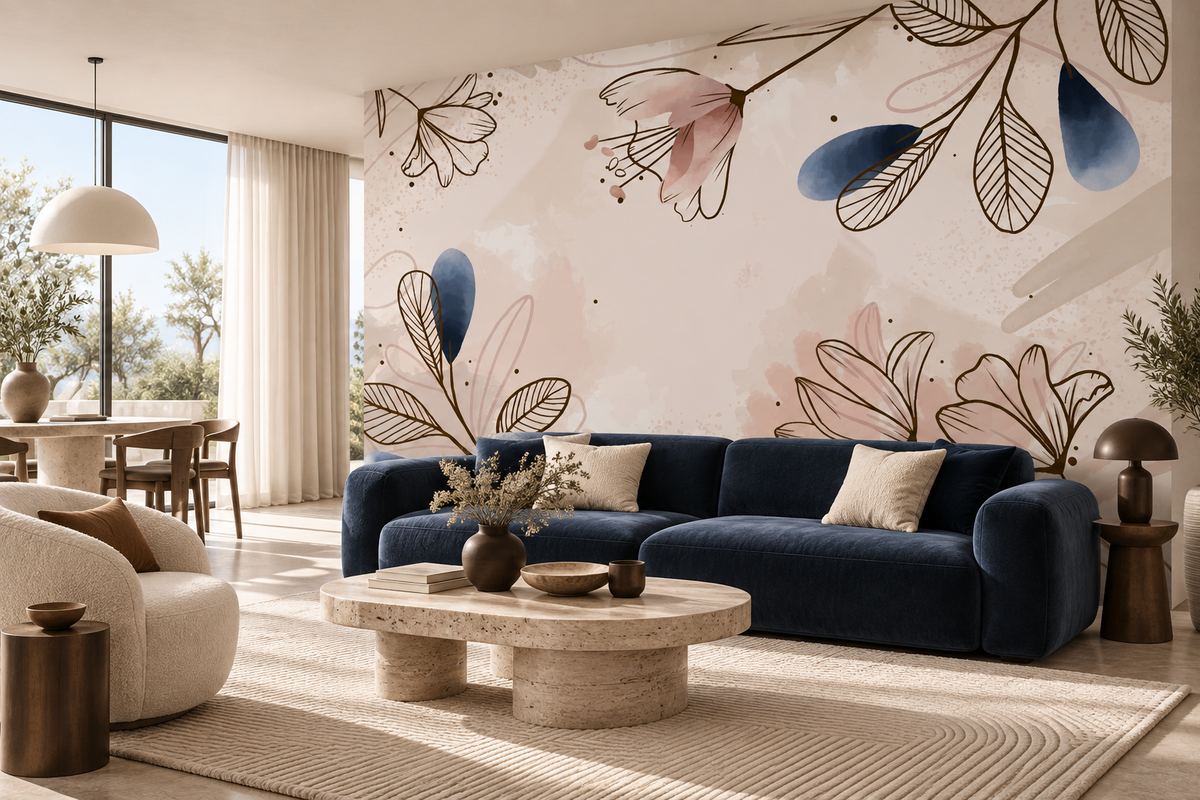 Papier peint panoramique Floraison Poudrée dans un salon contemporain aux assises bleu encre