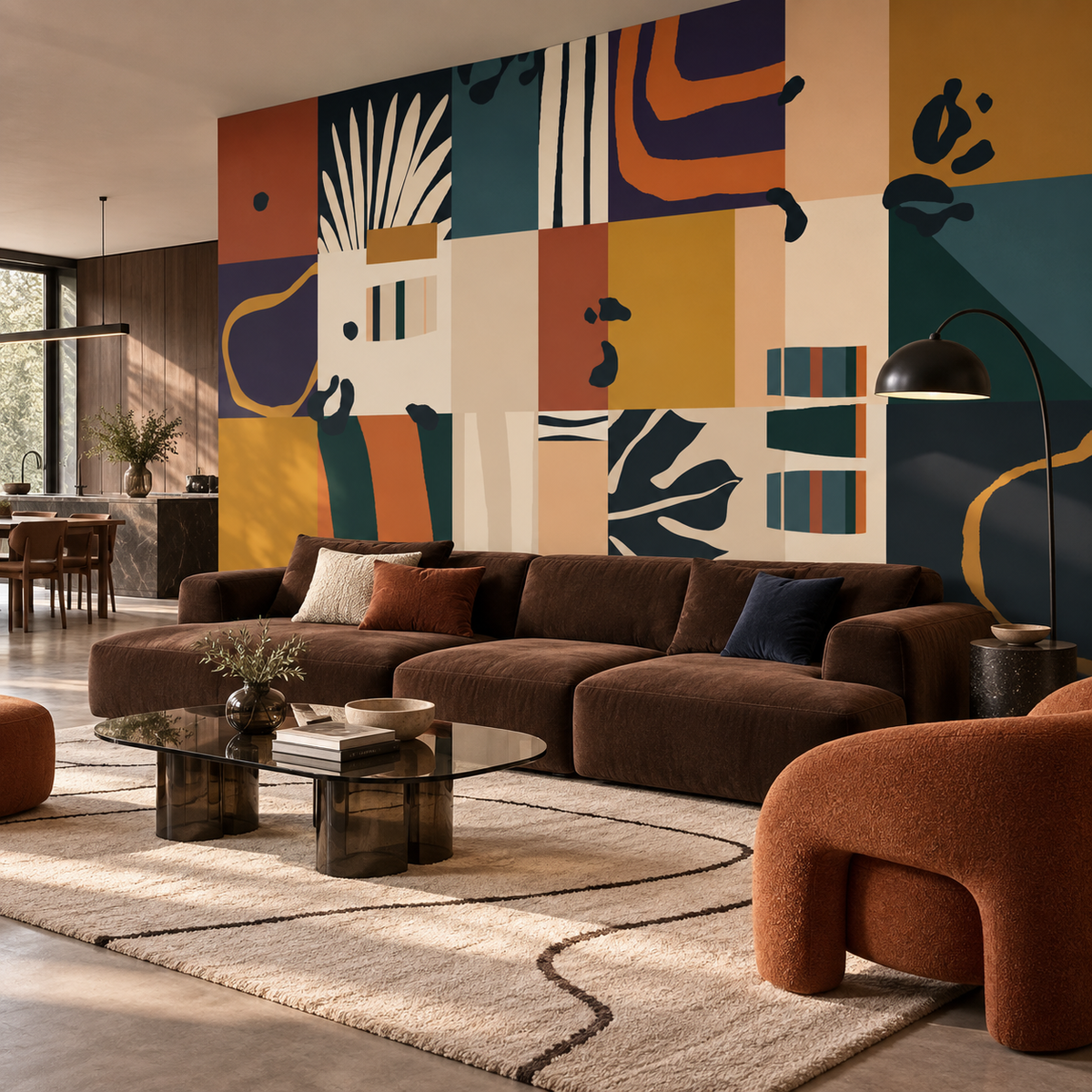 Décor mural panoramique Fragments Nomades dans un salon contemporain aux accents terracotta