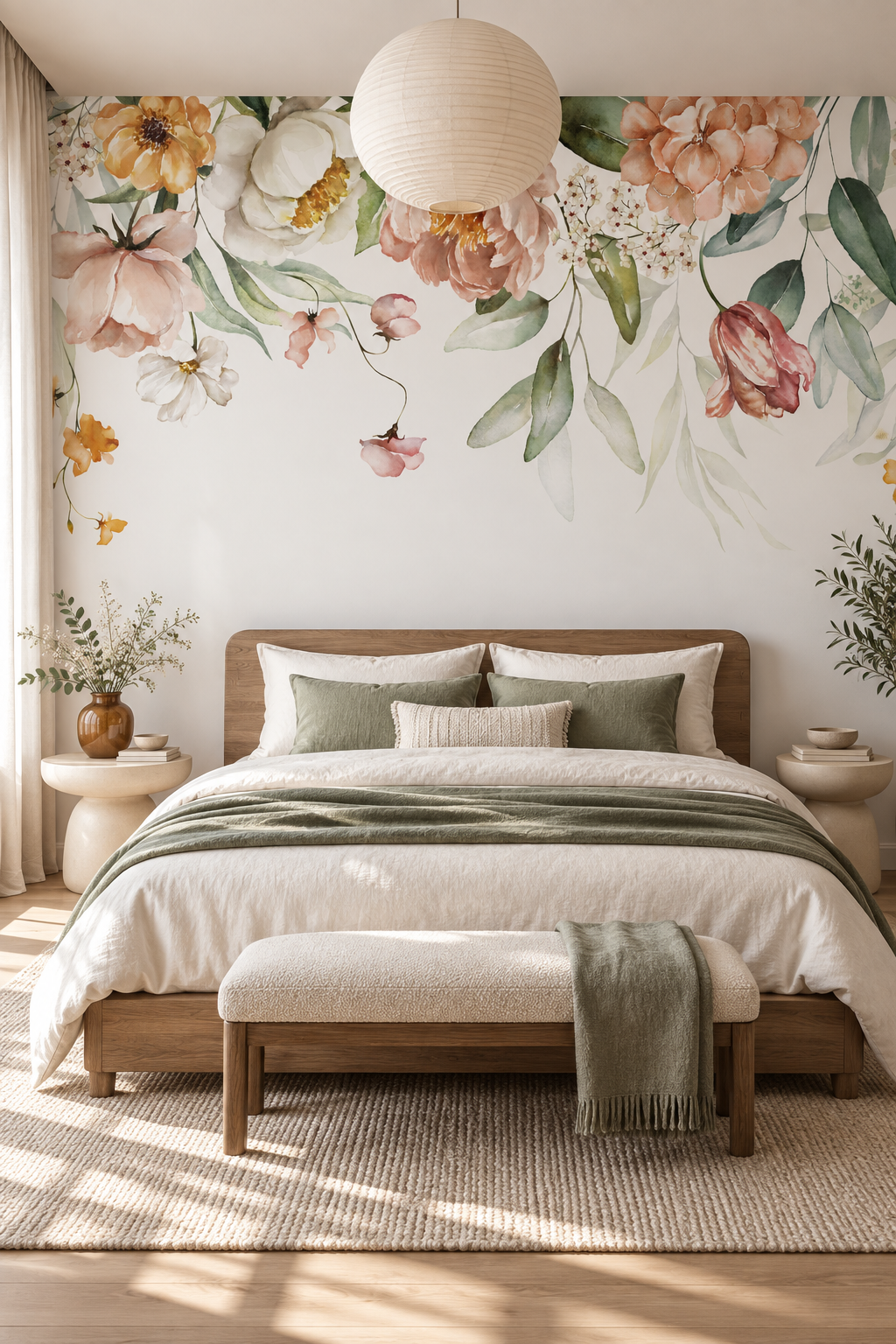 Papier peint panoramique Guirlande Poudrée à fleurs aquarellées dans une chambre parentale lumineuse