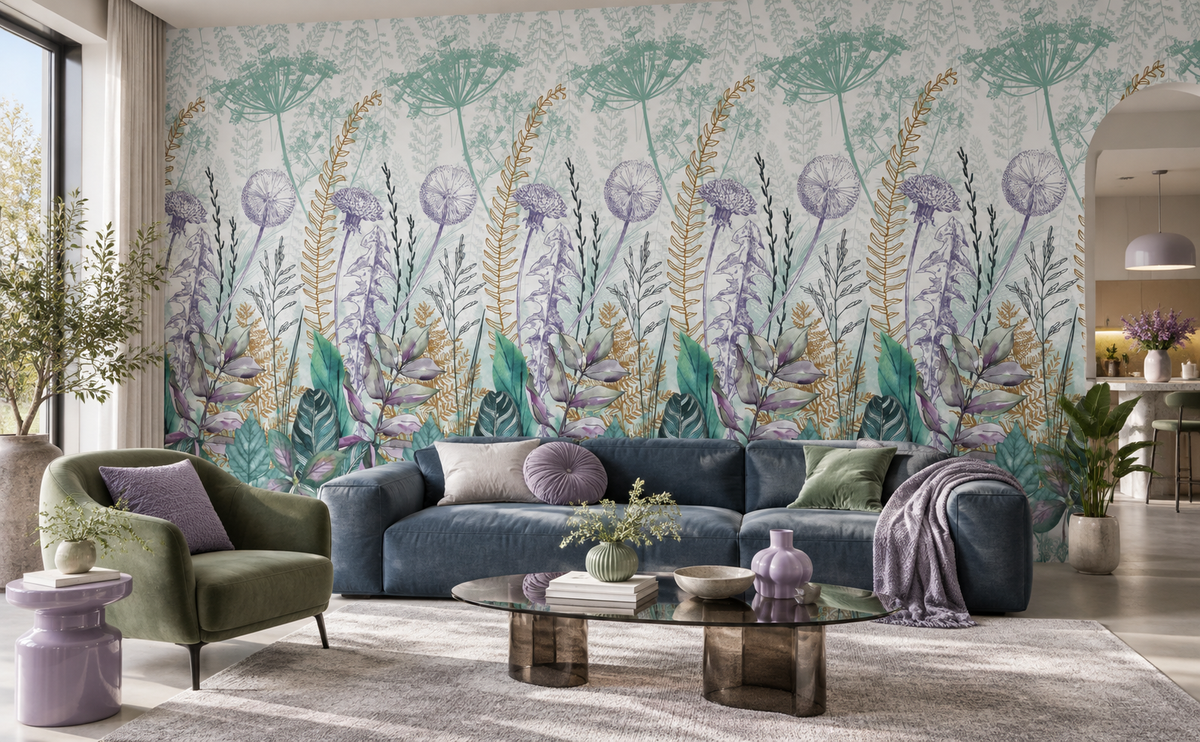 Papier peint panoramique Herbier Opalin dans un {room} au style {interior_style}