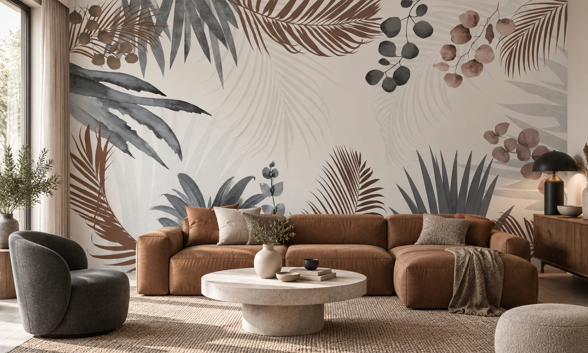 Papier peint panoramique Herbier Sépia dans un salon contemporain aux accents brun et gris