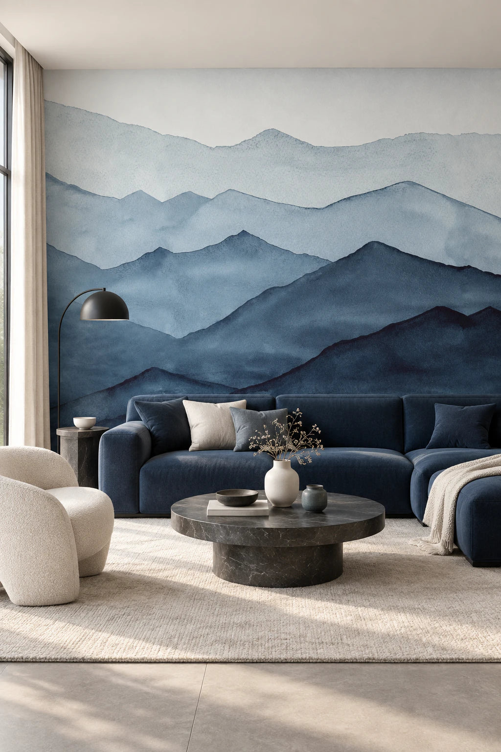 Fresque panoramique Horizons Brumeux dans un salon contemporain aux accents bleu profond