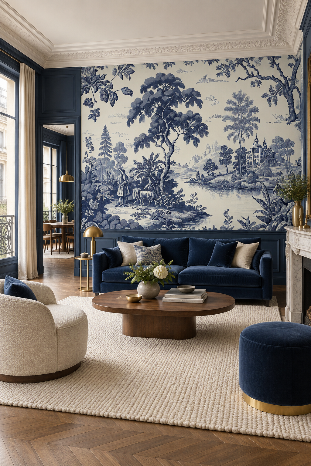 Fresque panoramique Jardin d’Indigo dans un salon aux boiseries bleu nuit