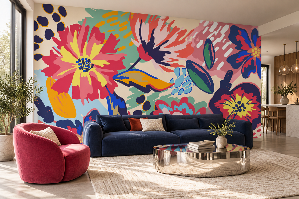 Papier peint panoramique Jardin Éclatant installé derrière un canapé dans un salon contemporain coloré