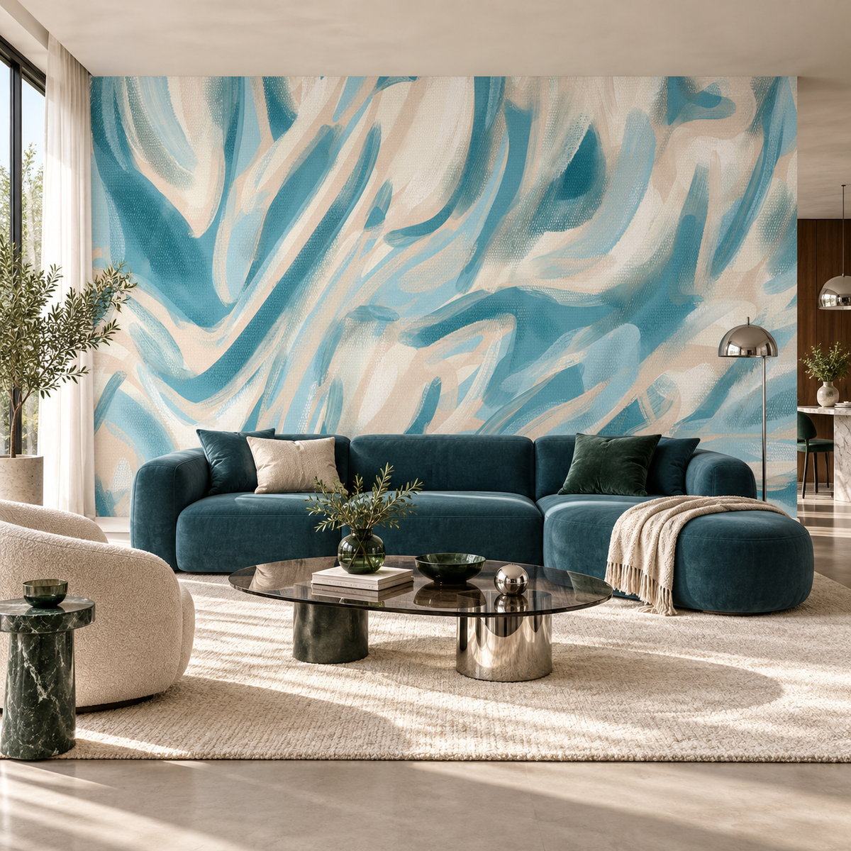 Décor mural panoramique Marées Graphiques sur le mur d’un salon contemporain aux accents bleus