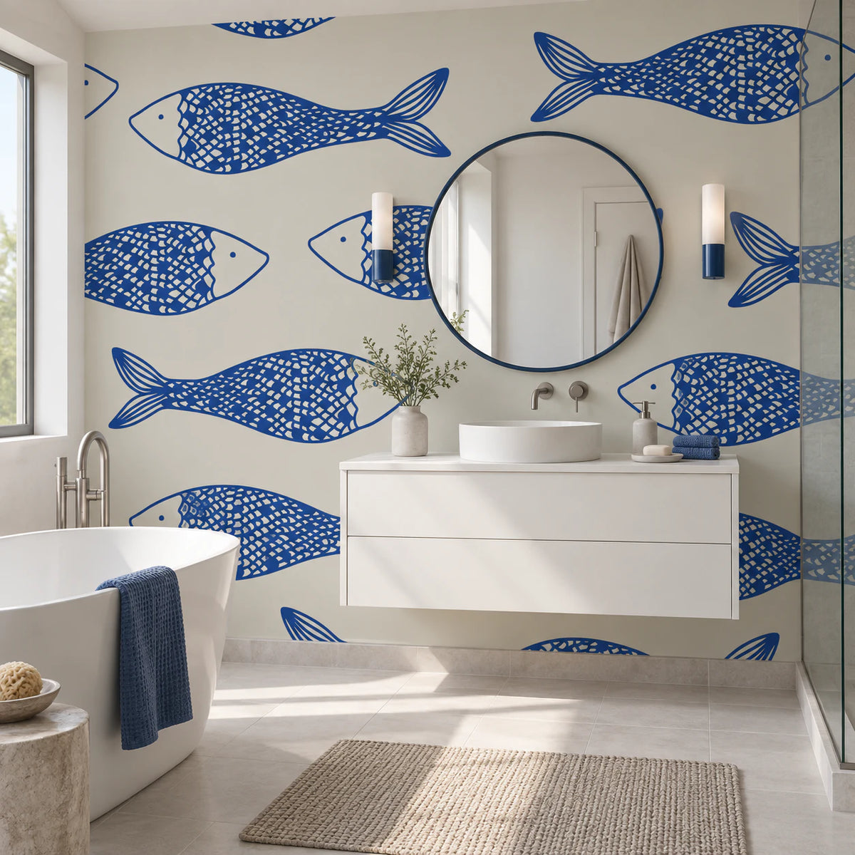 Papier peint panoramique Nage Indigo avec poissons bleus dans une salle de bain contemporaine