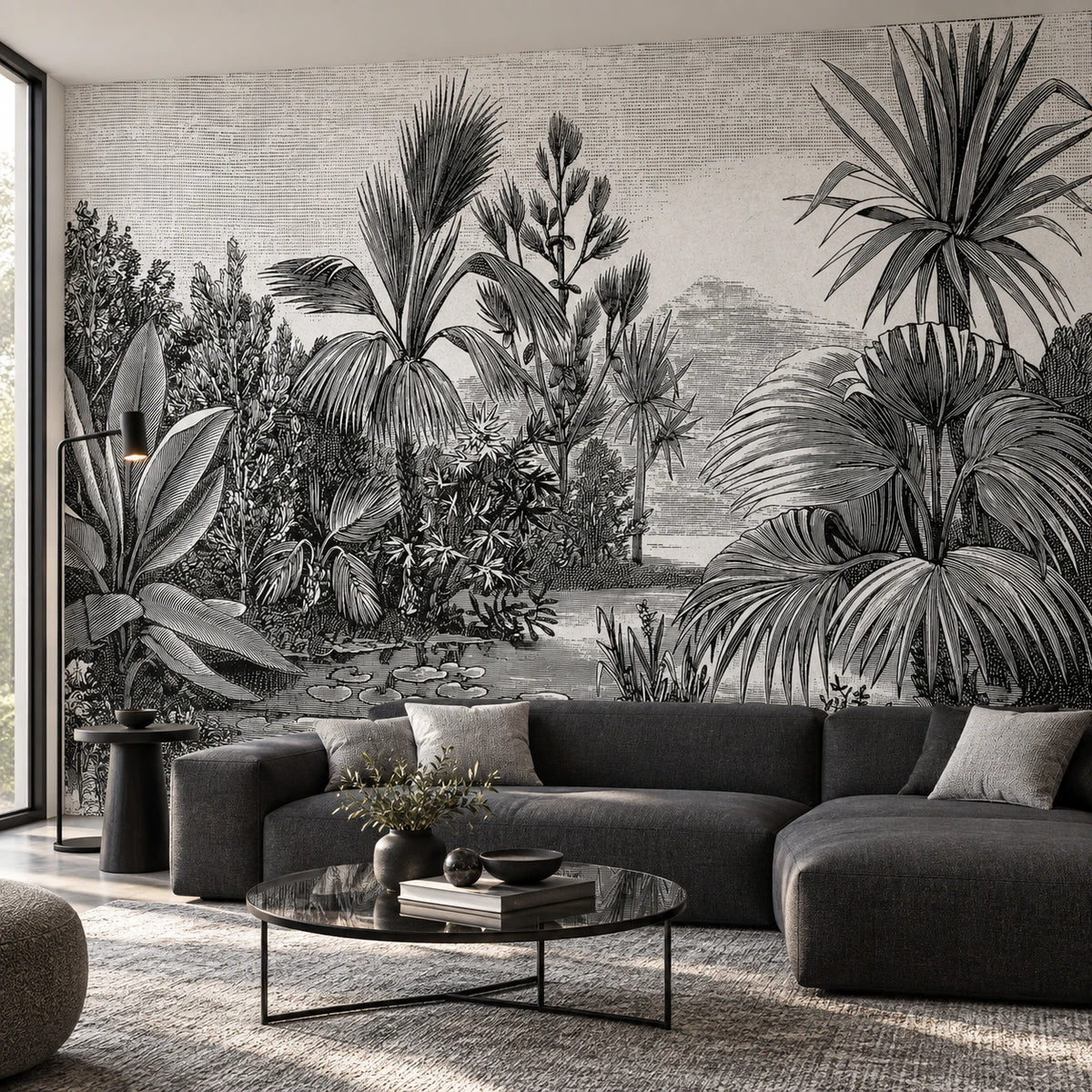 Papier peint panoramique dessin paysage tropical noir et blanc - Salon, Cuisine