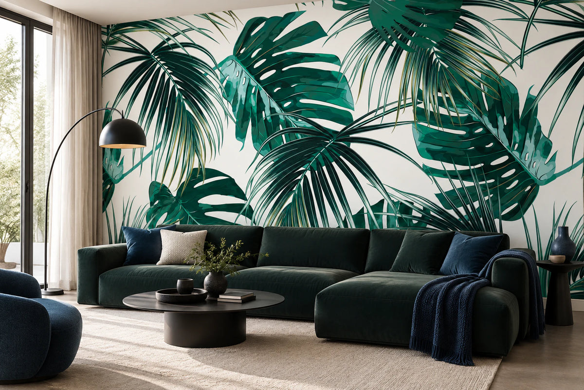 Papier peint panoramique feuille de monstera et de palmier - Salon, Cuisine