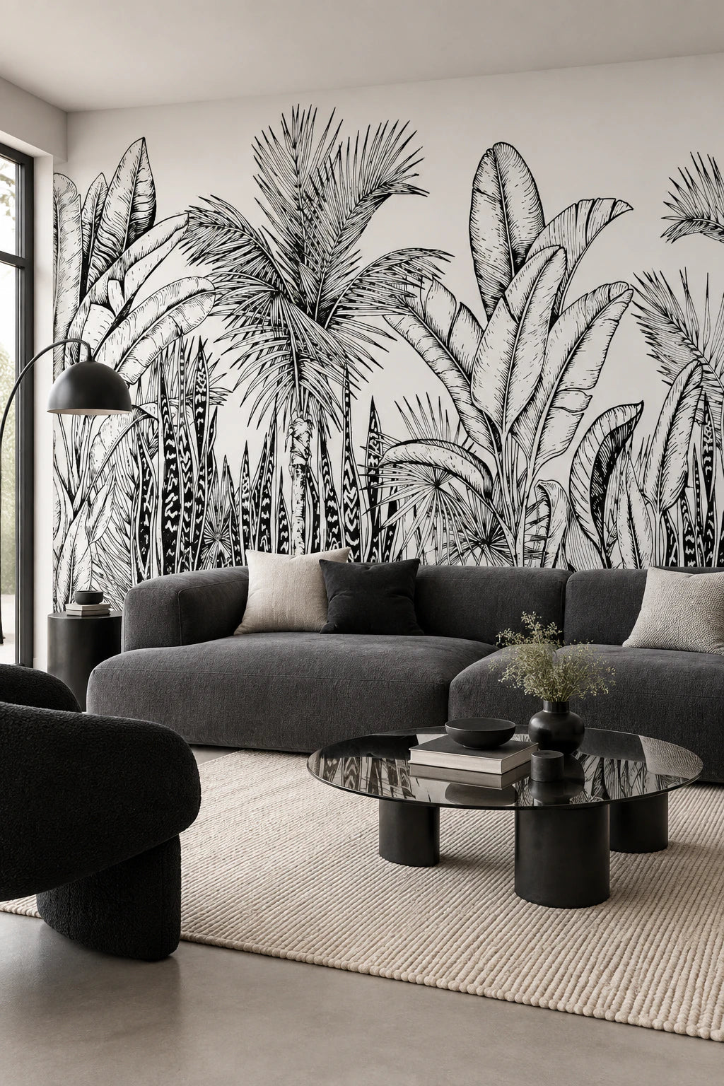 Papier peint panoramique forêt tropicale noir et blanc - Salon, Cuisine