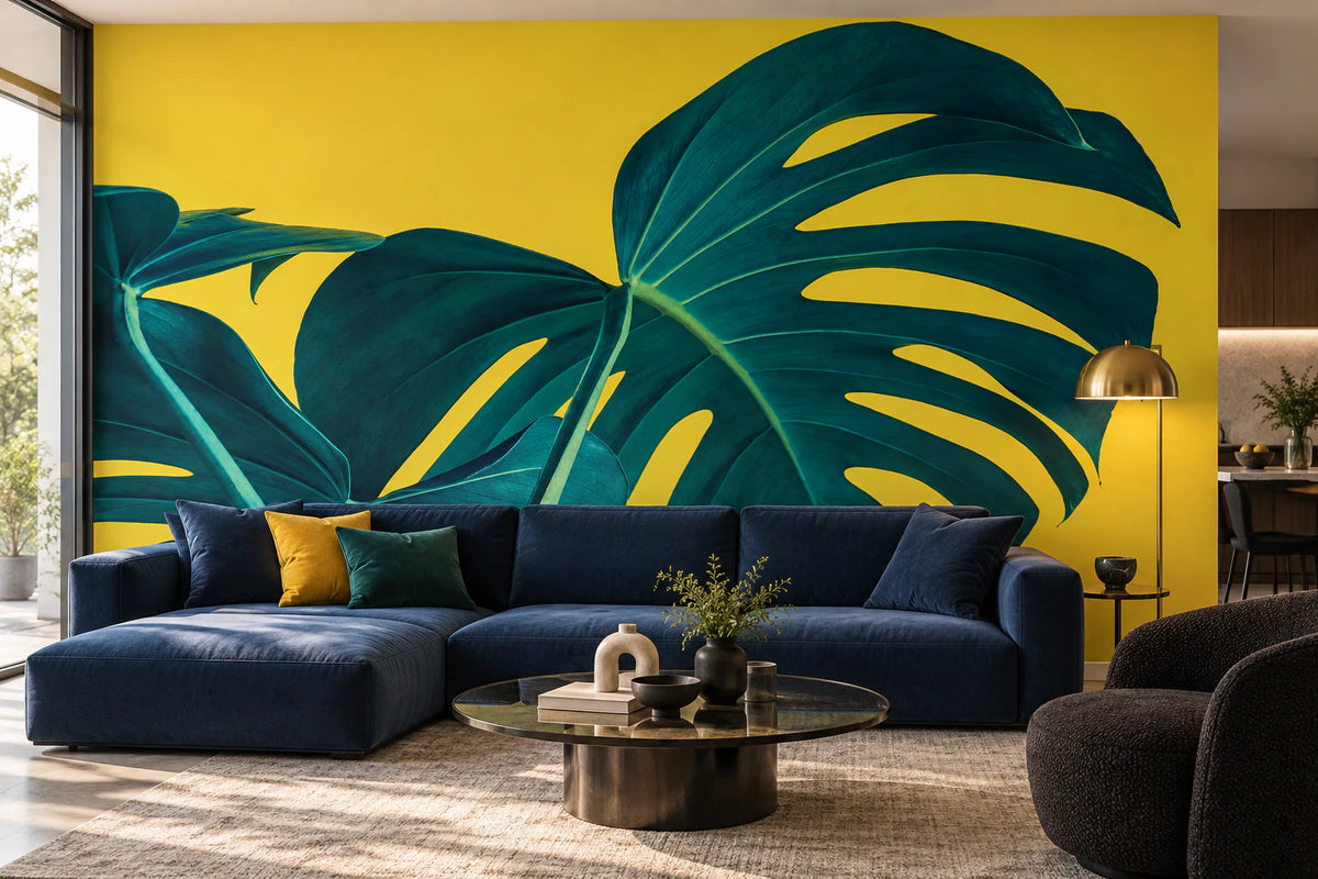 Papier peint panoramique grande feuille de monstera fond jaune - Salon, Cuisine