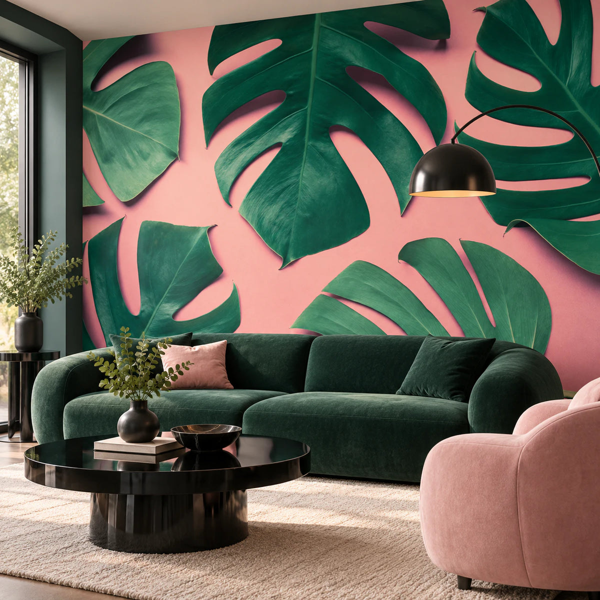 Papier peint panoramique grande feuille de monstera fond rose - Salon, Cuisine