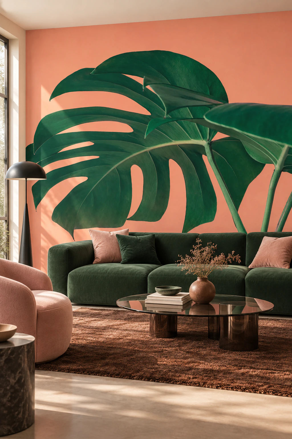 Papier peint panoramique grande feuille de monstera fond orange - Salon, Cuisine