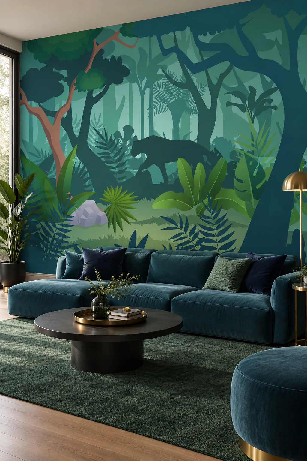 Papier peint panoramique panthère dans la forêt tropicale - Salon, Cuisine