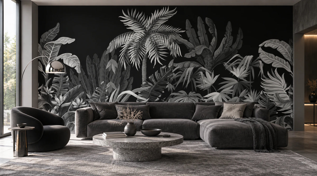 Papier peint panoramique jungle luxuriante noir et blanc - Salon, Cuisine