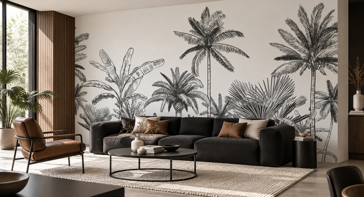 Papier peint panoramique jungle noir et blanc tendance - Salon, Cuisine