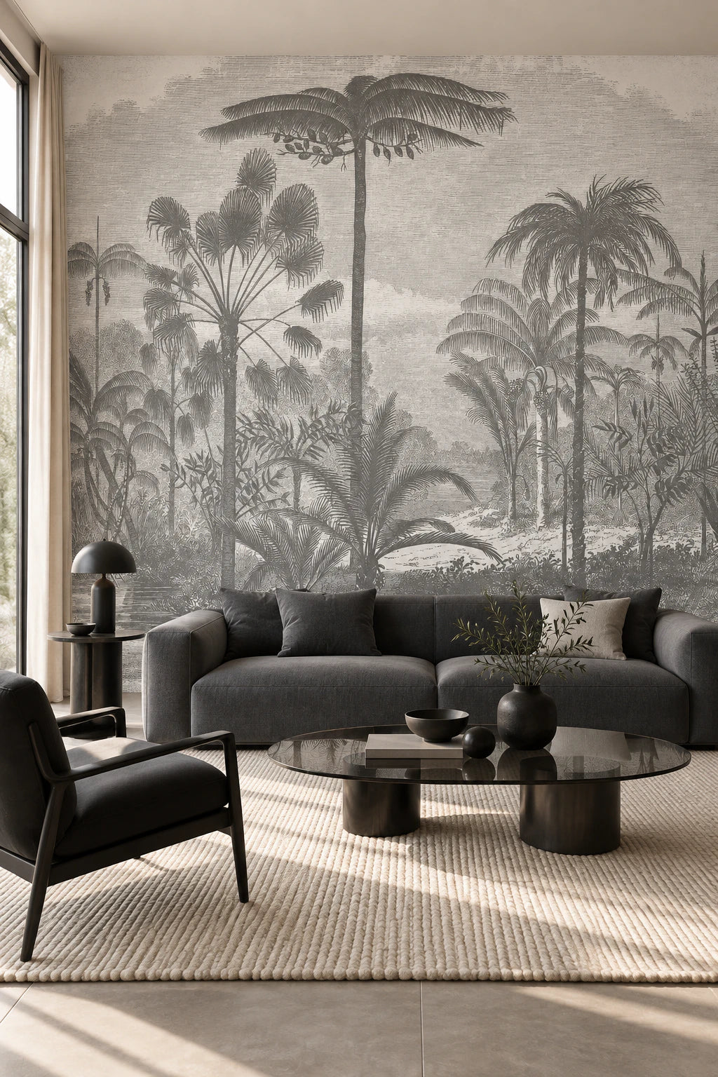 Papier peint panoramique paysage tropical noir et blanc - Salon, Cuisine