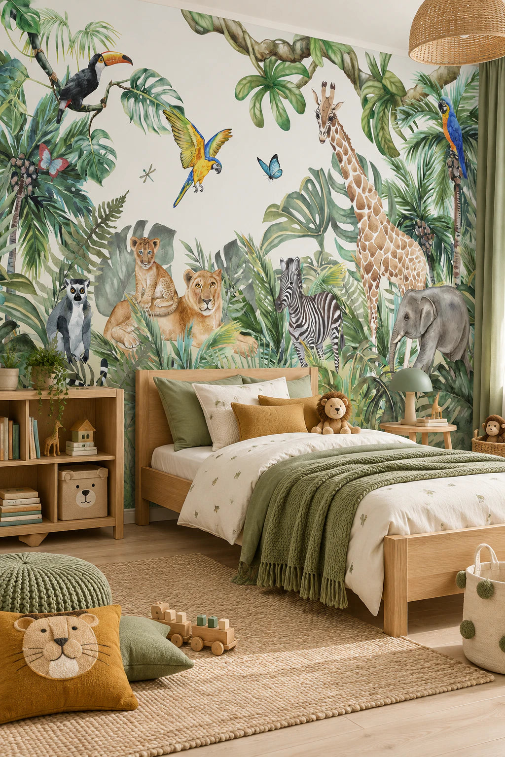 Papier peint panoramique lion perroquet et girafe - Chambre Enfant