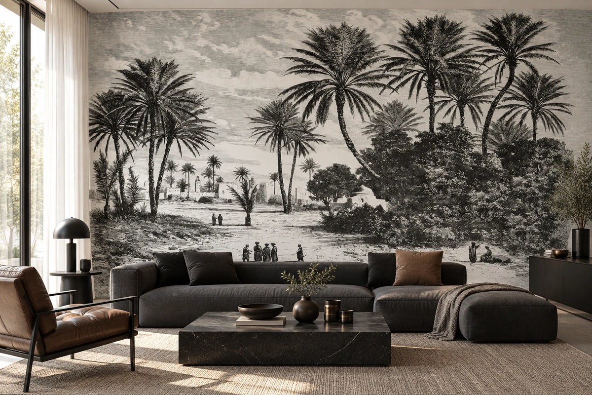 Papier peint panoramique tropical noir et blanc - Salon, Cuisine
